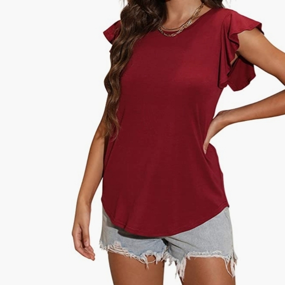 Ruffled Sleeve Curved Hemline Top - Picture 8 of 9